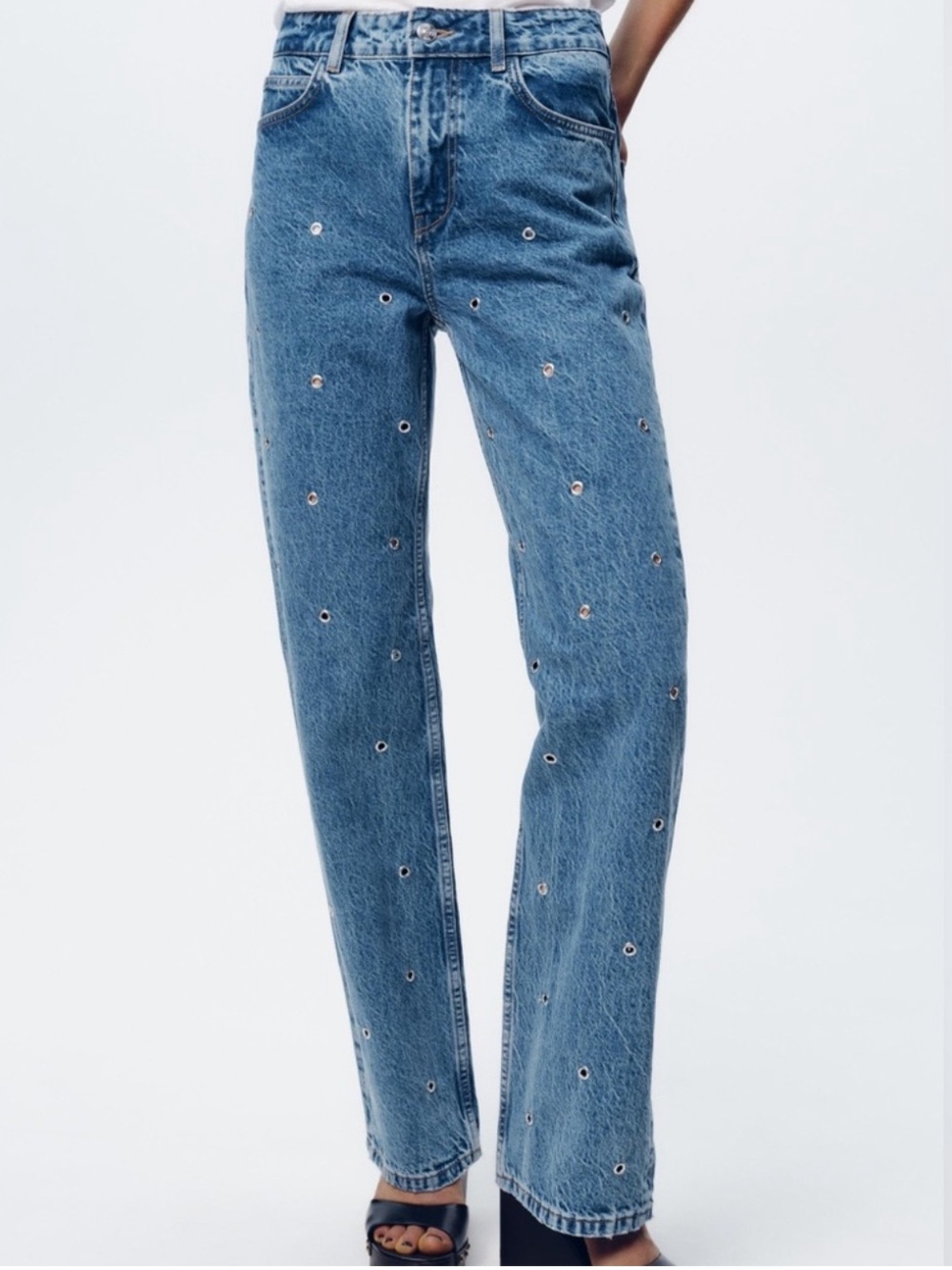 Zara High-waisted Straight Long Eyelet Jeans